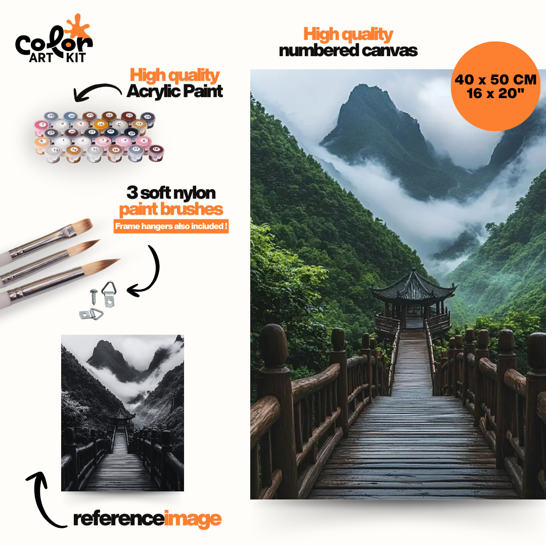 wooden bridge and misty mountains