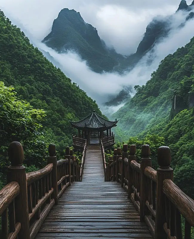 wooden bridge and misty mountains