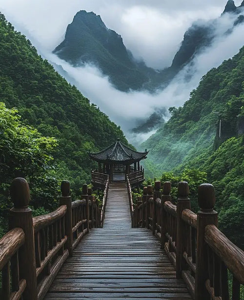 wooden bridge and misty mountains