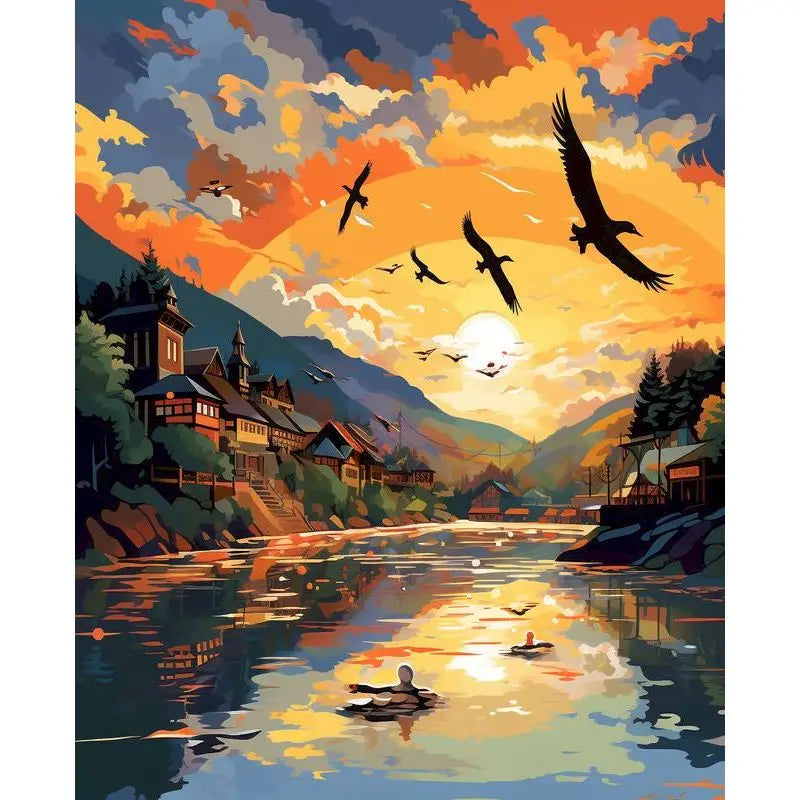 Stylized Village River Sunset