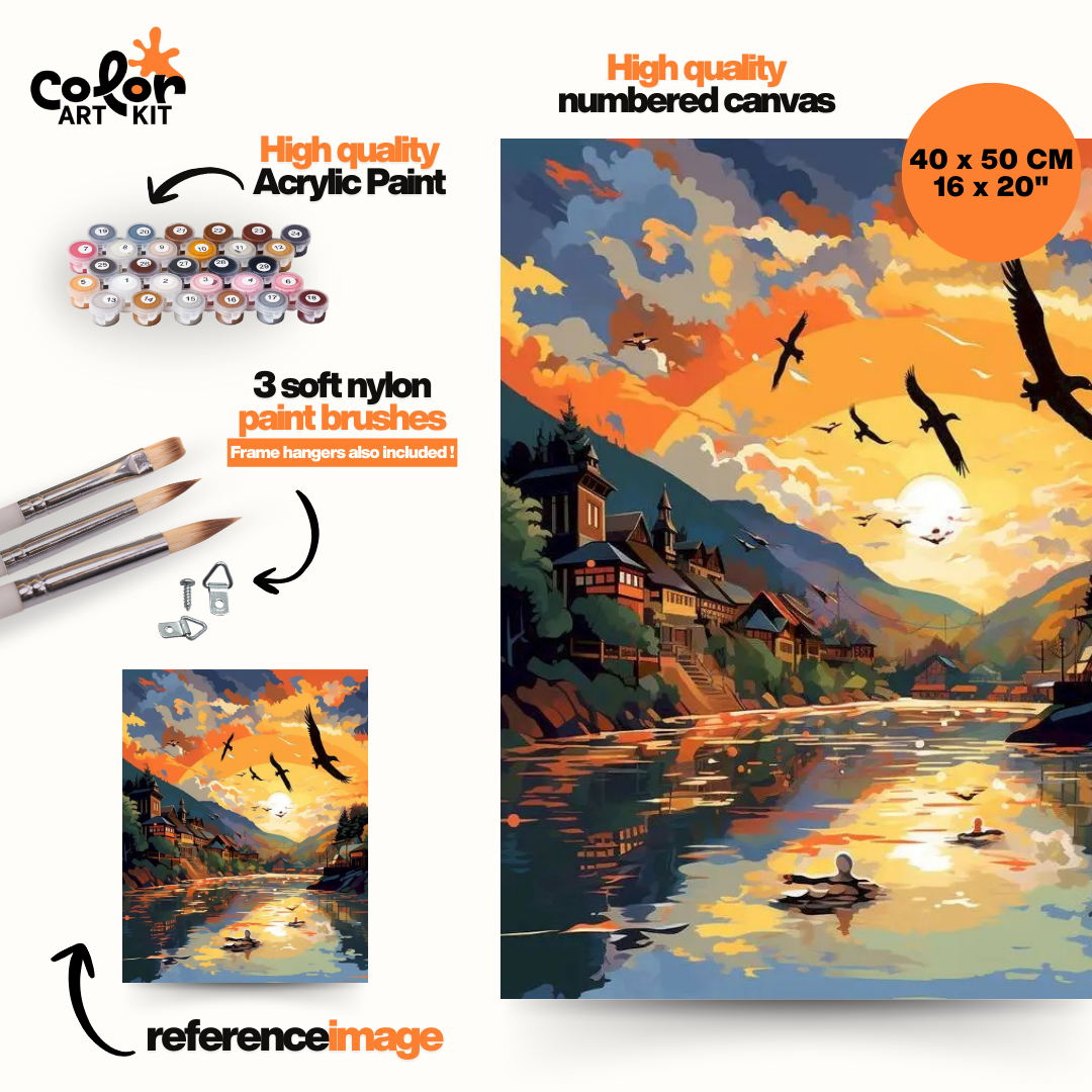 Stylized Village River Sunset