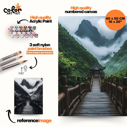 wooden bridge and misty mountains