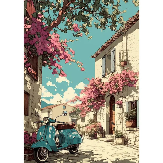 Scooter In The Flowered Street