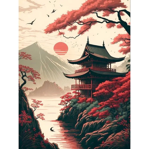 Japanese temple and Mount Fuji 