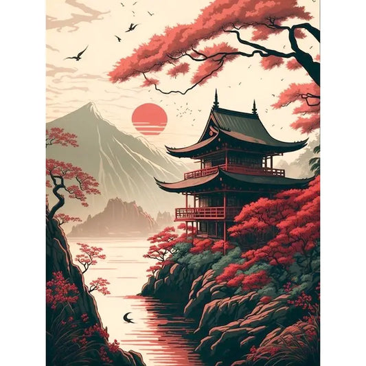 Japanese temple and Mount Fuji 