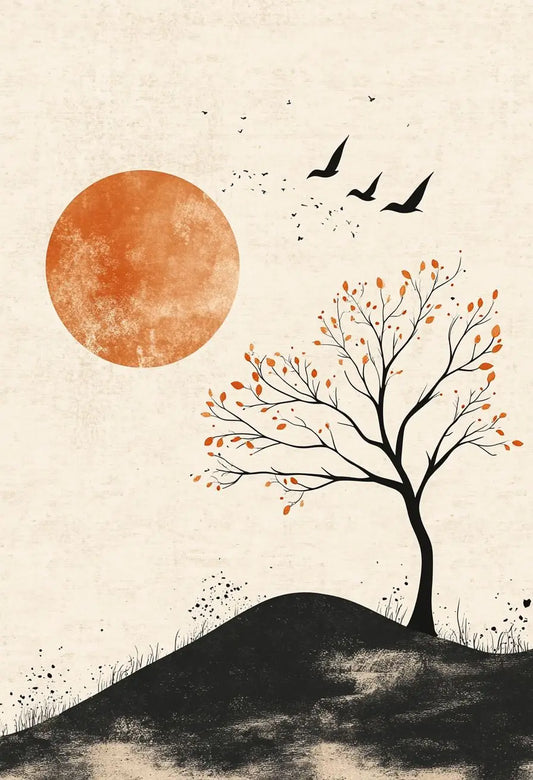 Autumn leaves and orange sun