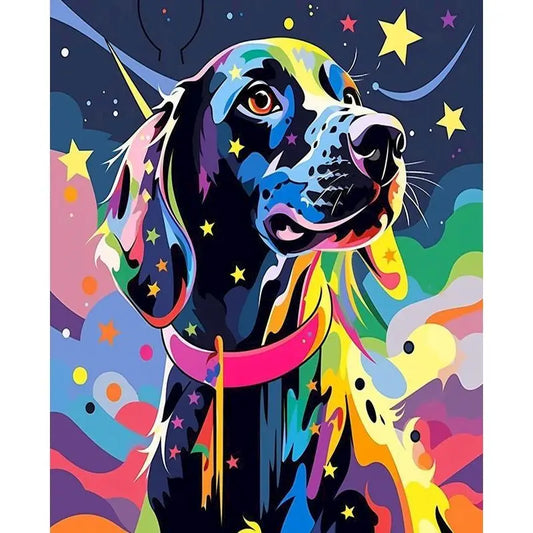 Starry colorful dog portrait.