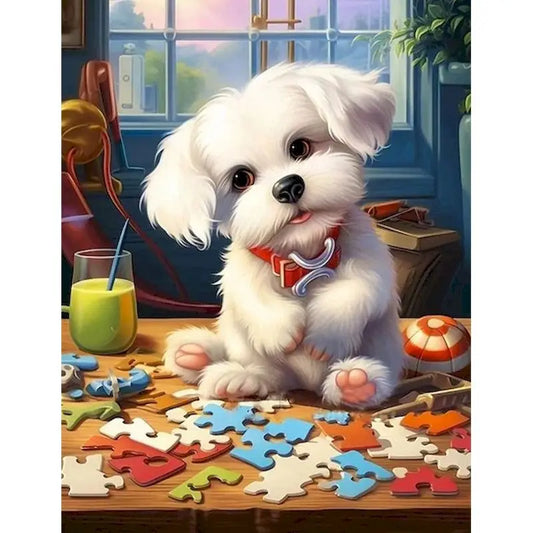 White dog with a red bow 