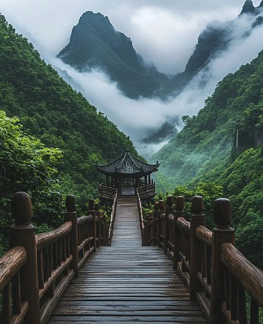 wooden bridge and misty mountains