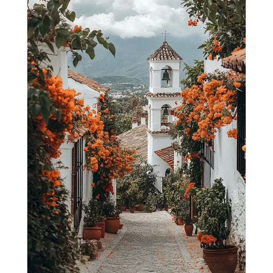 Winding street with Orange Flowers
