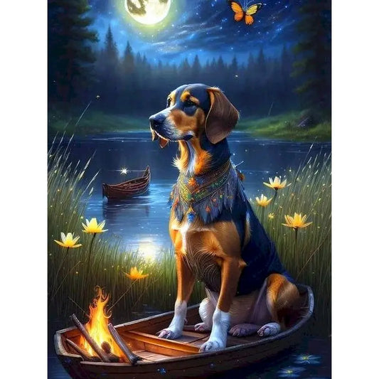 Majestic dog moonlit boat.