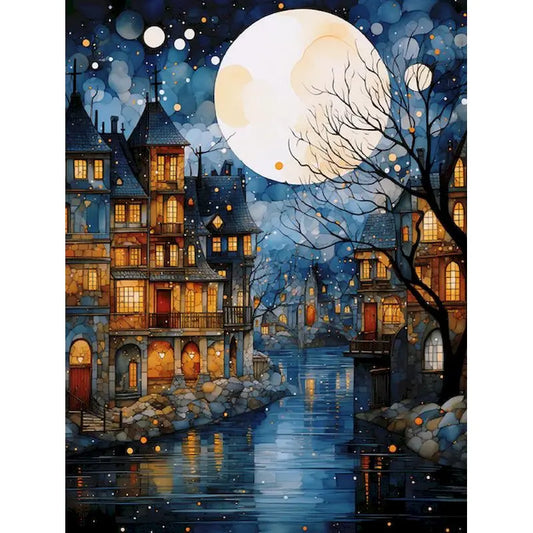 Moonlit village by the River