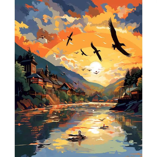 Stylized Village River Sunset