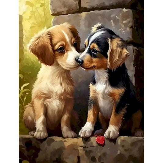 Two puppies loving embrace.