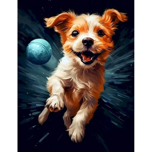 Happy puppy chasing ball.