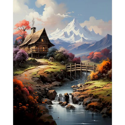 Mountain Cabin Stream Landscape