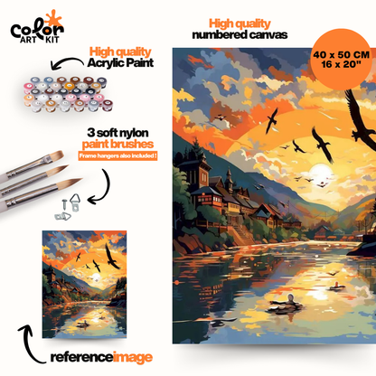 Stylized Village River Sunset