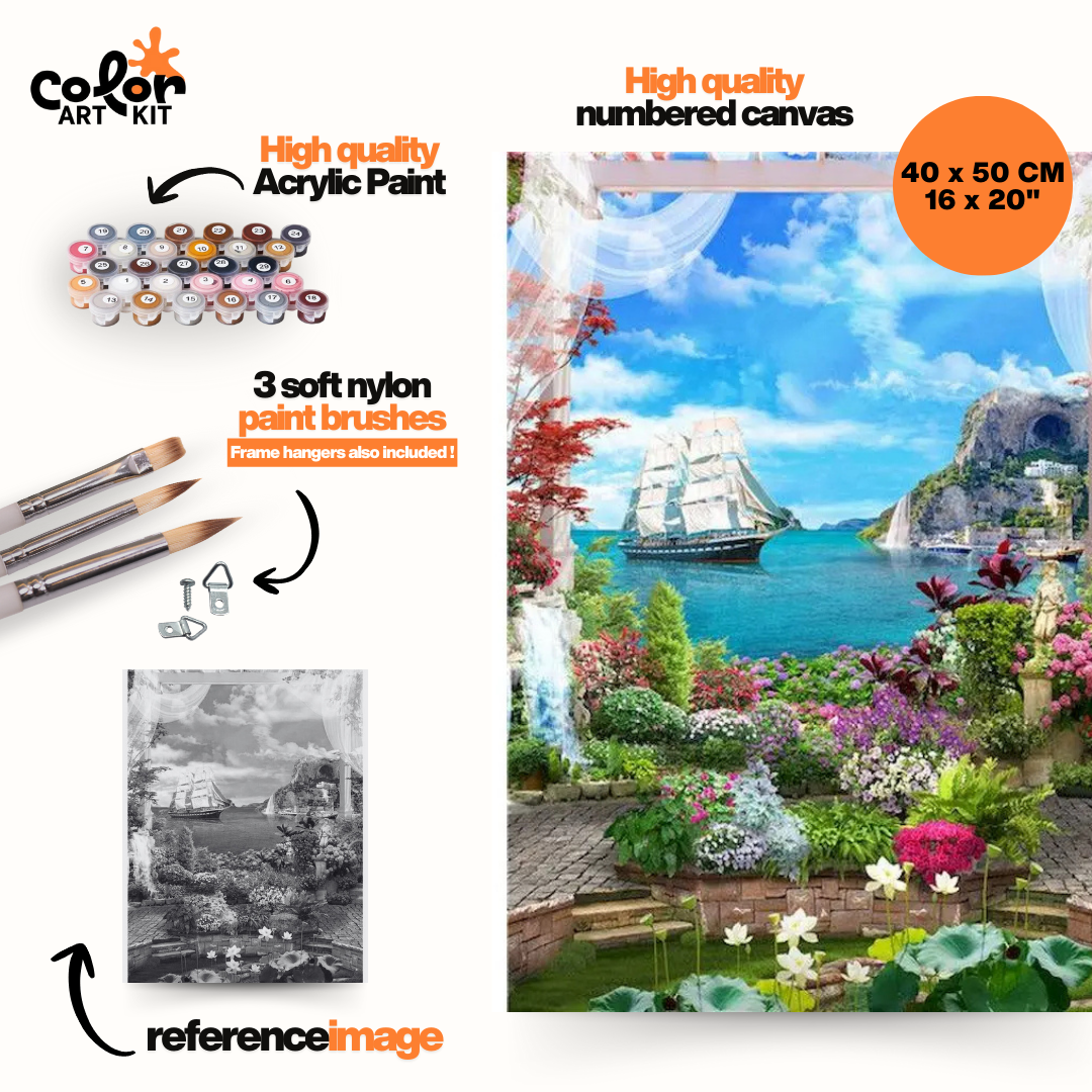 Garden scene with Sailboat